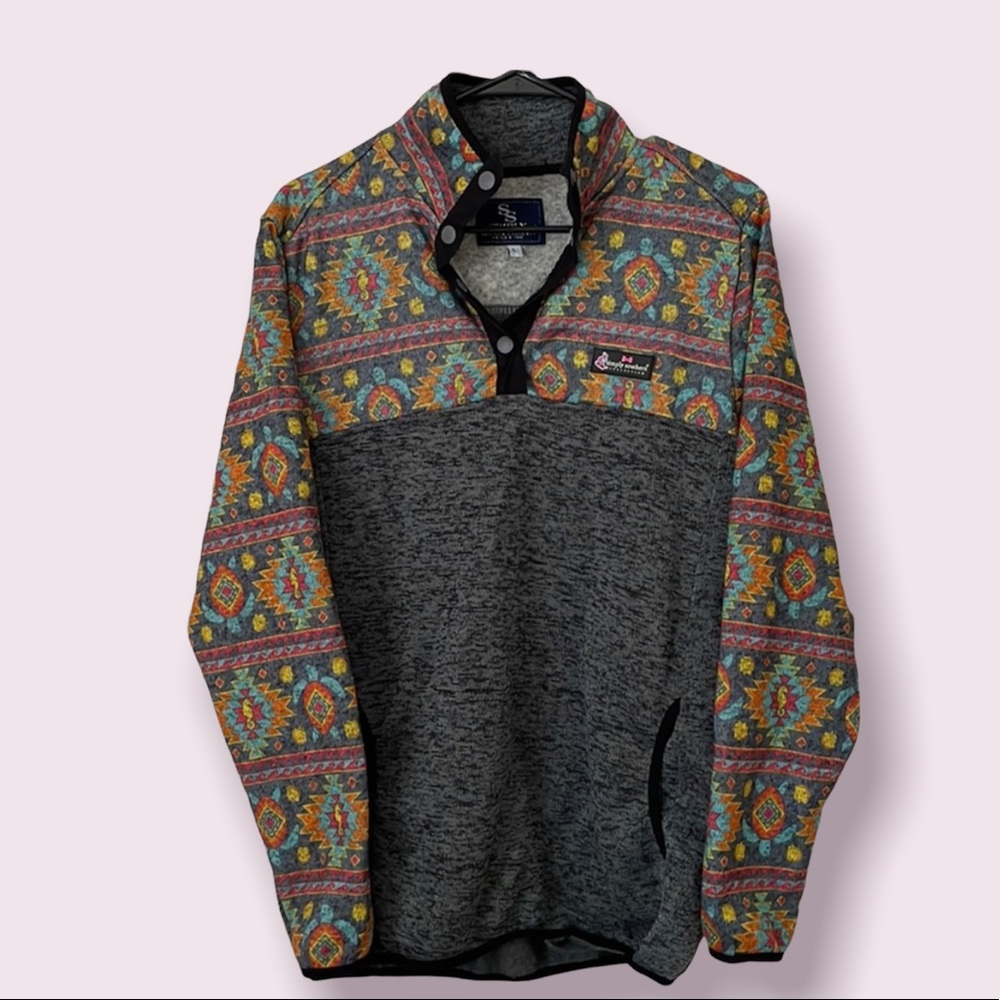 Simply Southern Colorful Ocean Aztec Print Pullover Sweater Size Large